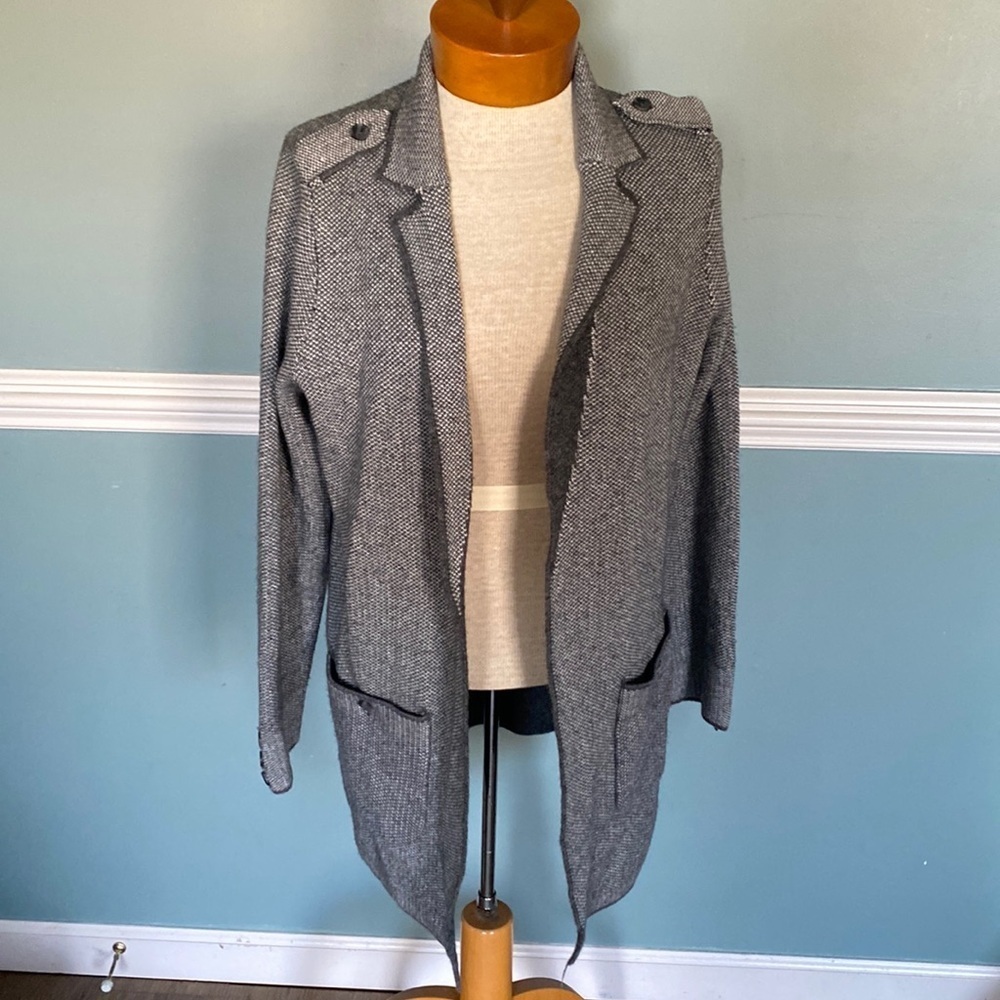 Talbots wool blend long line open front cardigan coat. Sz MP classic chevron